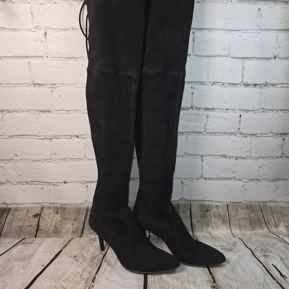 Stuart Weitzman Black Over-the-Knee Suede Tiemodel Almond Toe Womens Boots 9 EUC